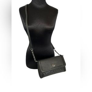Guess Slim Flapped Crossbody Bag Black Faux Leather Purse W/Logo Panel